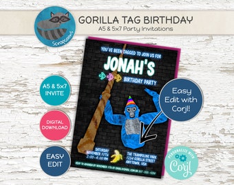 May include: A digital printable birthday party invitation featuring a blue gorilla wearing a party hat and holding a banana. The invitation has a black brick background with neon green text that says "You've been tagged to join us for Jonah's Birthday Party".