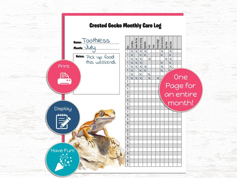Crested Gecko Pet Care Log | Weekly & Monthly Reptile Tracker Printables