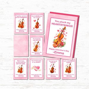 May include: A collection of Valentine's Day cards with watercolor illustrations of violins and musical notes. The cards feature phrases like "You pluck my heartstrings!" and "Let's make music together!" in a pink color scheme.