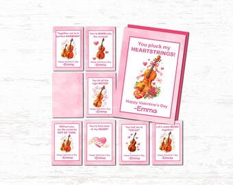 Tarjetas de instrumentos de cuerda para San Valentín: violín, viola, violonchelo y bajo (descarga digital)