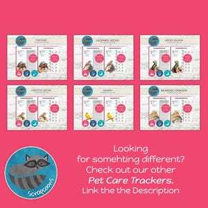 May include: Six pet care trackers are displayed, each featuring a different animal: tortoise, leopard gecko, green iguana, crested gecko, canary, and bearded dragon. The trackers include care information. A raccoon logo and text about other pet care trackers are also visible.