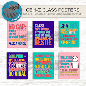 Könnte beinhalten: Set aus sechs Gen-Z-Klassenpostern mit modernen Slang-Phrasen. Jedes Poster hat einen anderen farbigen Hintergrund und Text, einschließlich Sätzen wie „No Cap“, „Bestie“ und „XP Grind“. Die Poster sind als druckbare Wanddekoration konzipiert.