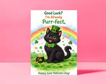 Tarjeta imprimible de gato negro para el Día de San Patricio: saludo divertido y ronroneante del gato de la suerte.