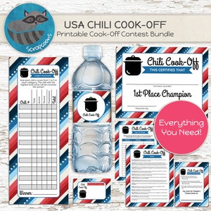 May include: Printable chili cook-off contest bundle with red, white, and blue striped background. Includes a scoring sheet, certificate, water bottle label, and sign-up sheet. The text "Chili Cook-Off" is featured throughout the design.