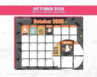 Calendario imprimible de octubre de 2026 (PDF y JPG) para niños en el aula de educación en casa