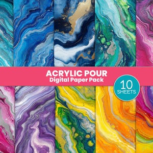 Pintura acrílica vertida con fluido arcoíris: 10 papeles digitales abstractos para manualidades, scrapbooking y fondos de sublimación.