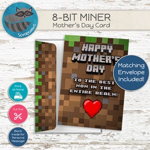 Muttertag 8-Bit Karte - druckbares Minecraft DIY Geschenk mit passendem Umschlag