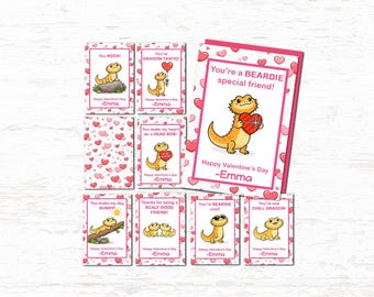 Tarjetas de San Valentín de dragón barbudo / Juego de 8 tarjetas imprimibles para niños del aula