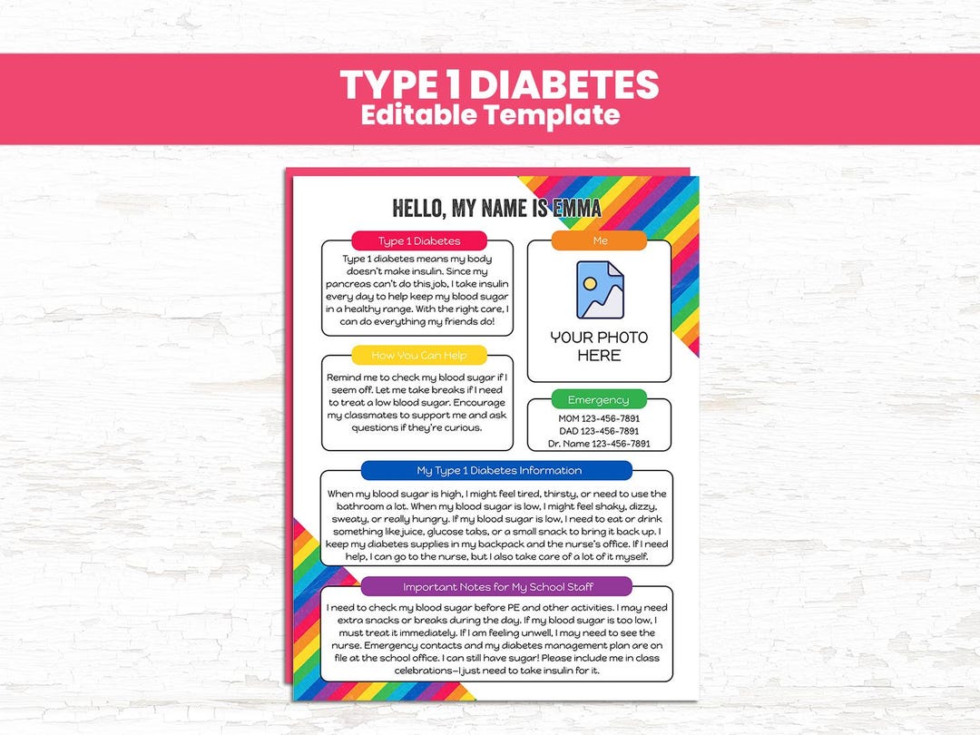 Type 1 Diabetes School Info Sheet for Kids | Editable Care Form ...