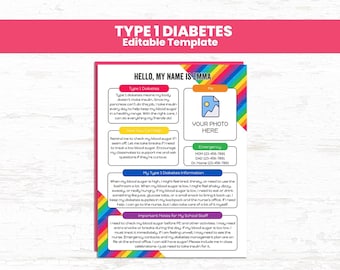 Type 1 Diabetic All About Me Info Sheet, T1D Medical Info Sheet For Teachers And Classroom, Diabetic Awareness Resource, Editable Template