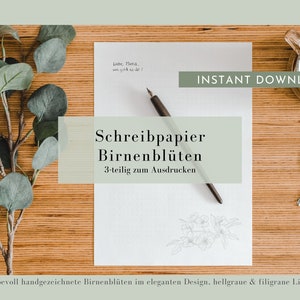 Elegante papel de escritura, papelería, papel para notas, flores de pera, para descarga e impresión inmediata (digital, PDF)