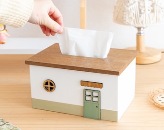 Cute House Tissue Box Cover, Wood Tissue Box, Rectangle Tissue Box Cover, Handmade Desk Organizer, Bathroom Decor, Wooden Box Holder