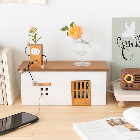 Wooden Cable Management Box, Cute Cafe-shaped Cord Organizer for