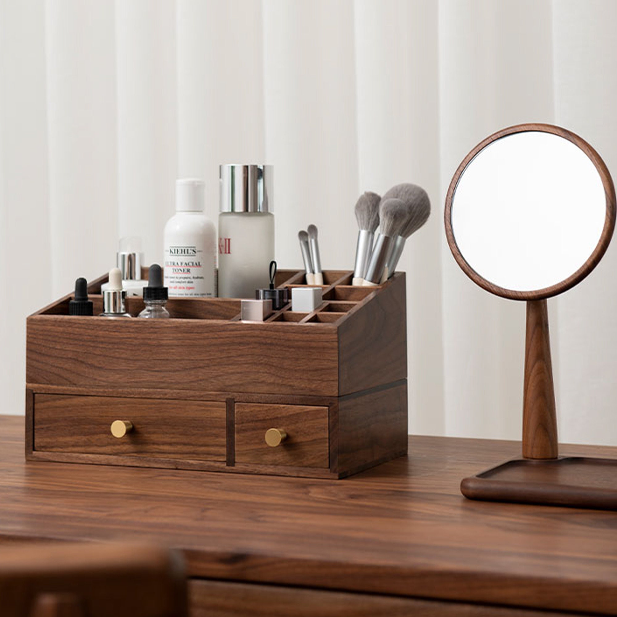 Wooden Makeup Organizer Desktop Storage For Vanity Multifunctional