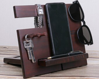 Houten Docking Station Organizer voor mannen, Tafel Bureau Organizer, Laadstation Vrouwen, Nachtkastje Bedside Organizer Rustiek, 2022 verjaardagscadeau