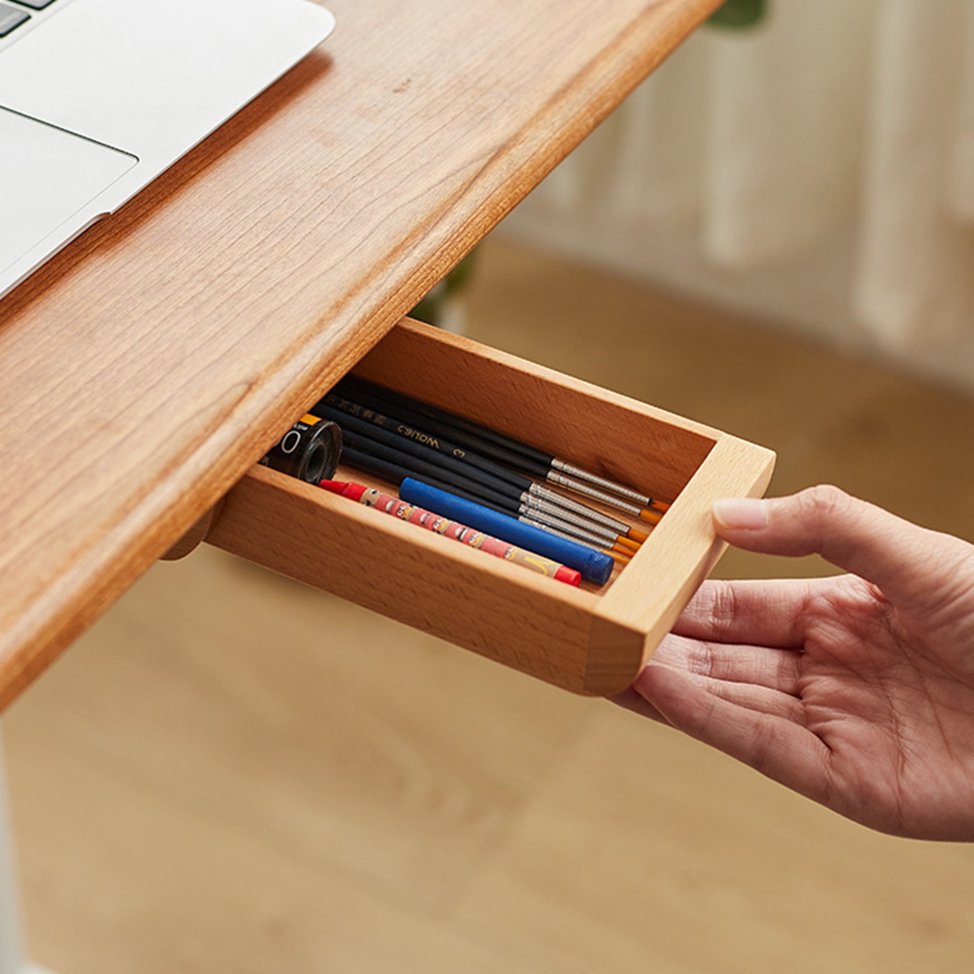 Wood Under Desk Organizer Drawer, Handmade Self-adhesive Storage