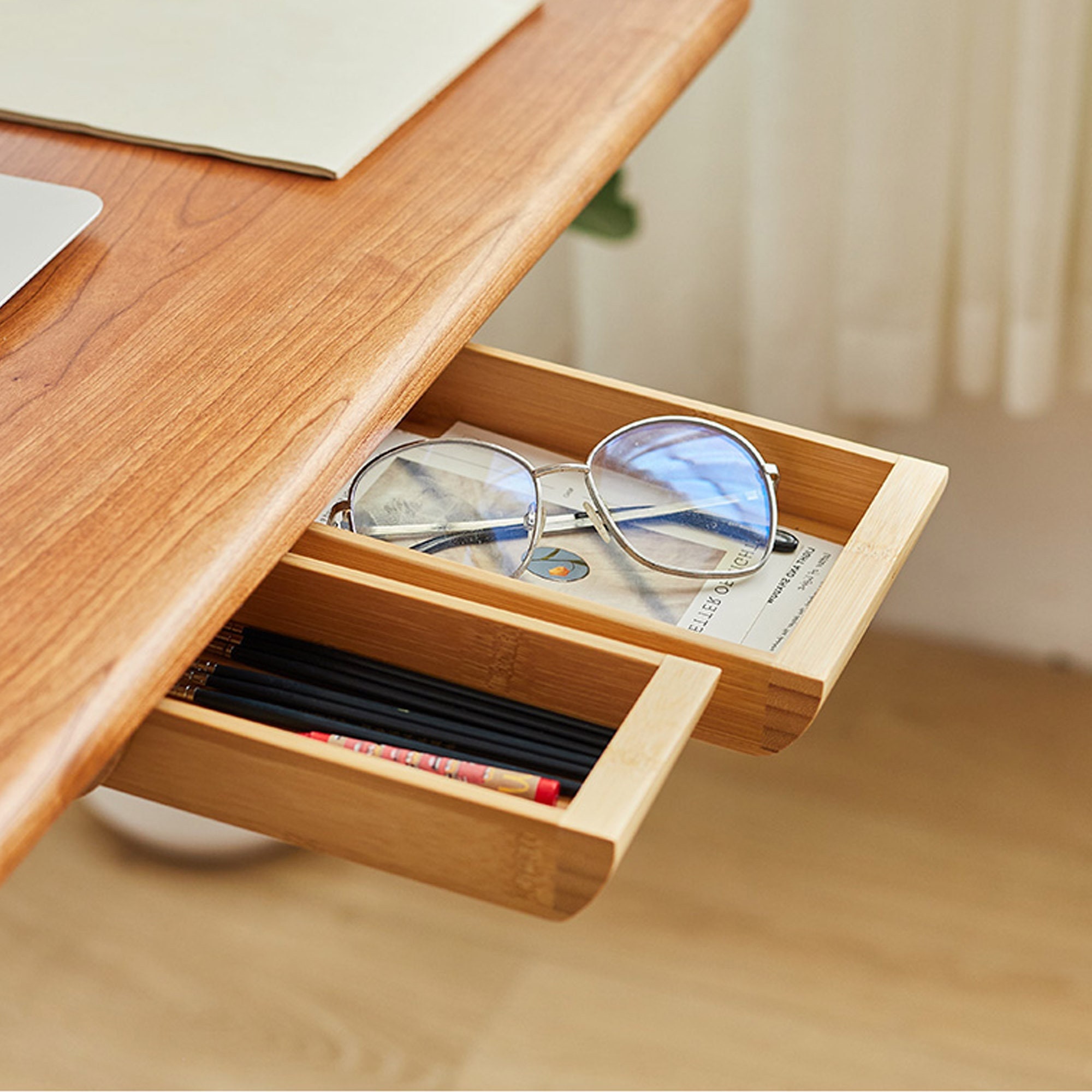 Wood Under Desk Organizer Drawer, Handmade Self-adhesive Storage