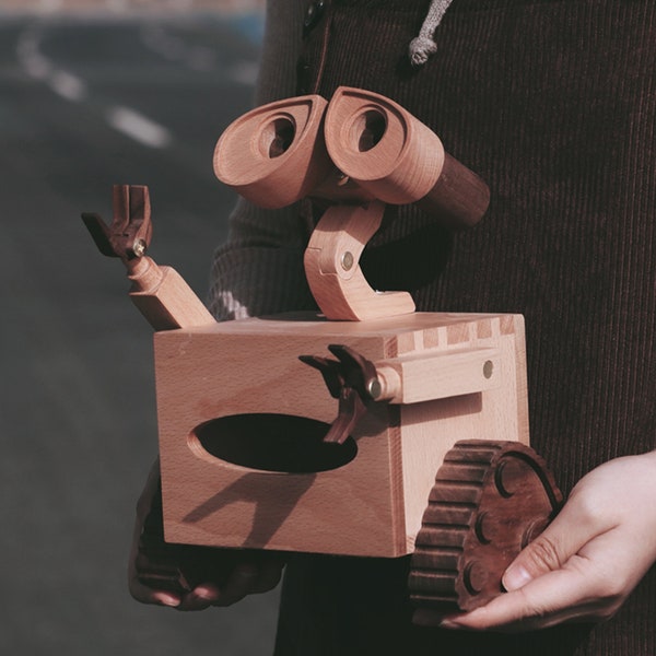 Cute Robot Wood Tissue Box, Wood Creative Home Storage Box Tissue Box for Kids, Handmade Rectangle Tissue Box Cover, Cartoon Paper Holder