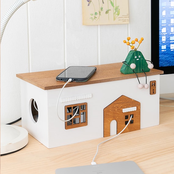 Wooden Cable Management Box, Cute Cafe-shaped Cord Organizer for