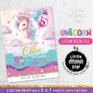Unicorn Birthday Invitation: Custom Printable e-Invite (PNG/JPEG/PDF Digital File)