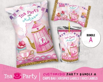 Custom Tea Party Bundle, Printable Tea Birthday Party Pack, Girls Tea Birthday Party Favors