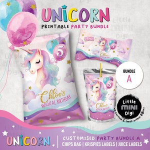 Etiquetas personalizadas de fiesta de cumpleaños de unicornio, nombre personalizado y edad, bolsa de chips de fiesta de unicornio imprimible, jugo, Krispies, botella, etiquetas a dos aguas, etiquetas de favor