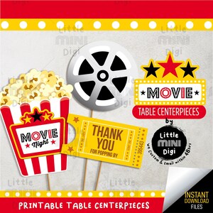 Movie Night Table Centerpieces: Popcorn, Film Reel, Ticket (Digital Download)