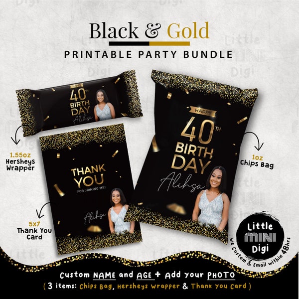 CUSTOM Gold Glitter & Black Birthday Favors, Printable Chips Bag, Hersheys Labels, Thank You Card, Add Your Photo, Custom Name and Age