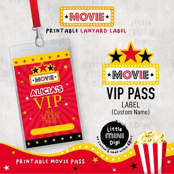 CUSTOM Movie VIP Pass Labels, Movie Pass Lanyard Labels, Printable Movie Theme VIP Pass, Kids Party Movie Labels