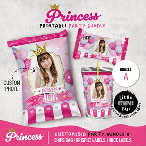 CUSTOM Princess Birthday Party Labels, Printable Princess Chips Bag, Juice, Krispies, Bottle, Gable Labels, Favor Tags, Age, Name, Photo