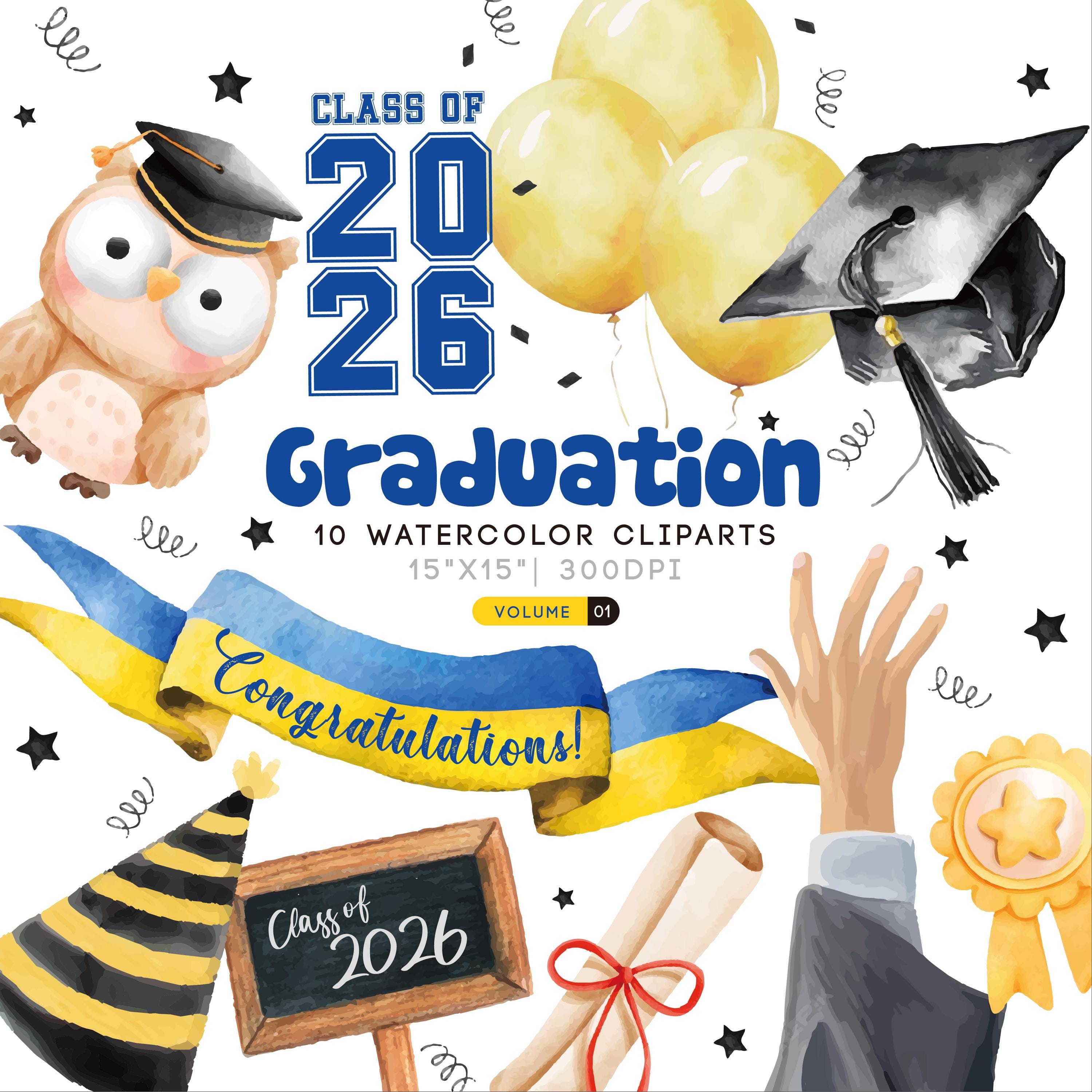 Watercolor Graduation Class of 2026 PNG Clipart Bundle Vol. 1 (digital ...