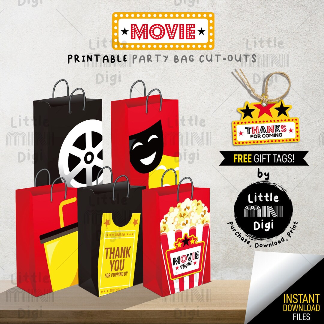 Printable MOVIE Theme Party Bag Front Cut-outs, Movie Theme Party Bag Labels, Popcorn Bag Labels ...