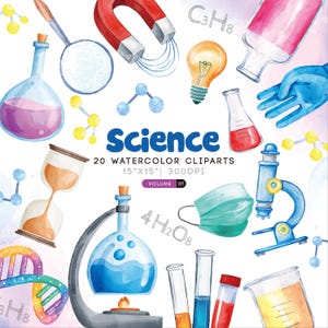 Può includere: Set di clipart ad acquerello con illustrazioni a tema scientifico. Include becher, provette, un microscopio e una calamita. La parola "Science" è visualizzata in blu, insieme al testo "20 WATERCOLOR CLIPARTS 15"X15" 300DPI VOLUME 01".