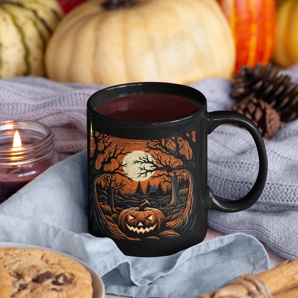 11 oz Halloween Coffee Mug - Pumpkin, Linocut Style, with Spooky Tree & Haunted House - Creepy Halloween Decor, Witch's Brew Cup