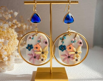 Floral Polymer Clay Dangle Earrings with Steel Gold Hoop and Blue Gemstone Accents | Clay Earrings | Unique Statement Jewelry for Women