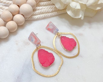 Hot Pink Resin Stone Dangle Earrings | Fuchsia Multicolored Dangle and Drop Statement Earrings