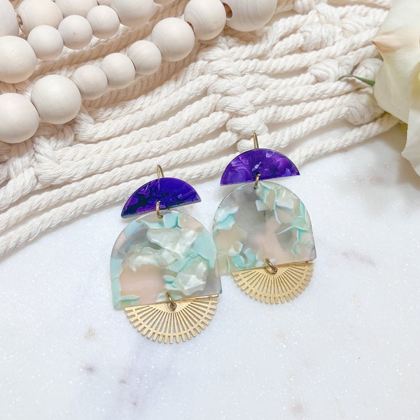 Purple and Green Geometric Statement Dangle Drop Earrings | Acrylic Earrings | Unique Statement Jewelry for Women