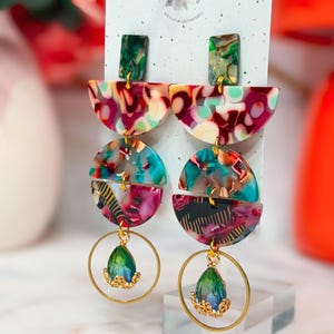Colorful Abstract Geometric Statement Dangle Earrings with Green Teardrop | Acrylic Earrings | Maximalist Jewelry for Women