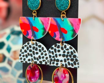 Multicolored Acrylic Dangle Earrings - Colorful Geometric Statement Earrings