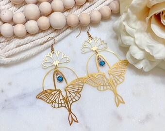 Gold Moth and Lotus Flower Earrings | Whimsical Boho Dangle Earrings