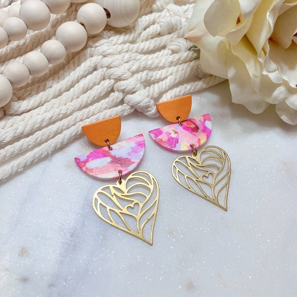 Colorful Geometric Dangle Drop Statement Earrings with Gold Brass Heart | Geometric Earrings | Unique Statement Jewelry for Women
