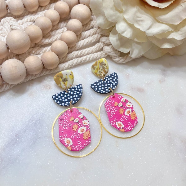 Hot Pink Floral Acrylic Dangle Drop Earrings | Mixed Print Polka Dot Colorful Statement Earrings