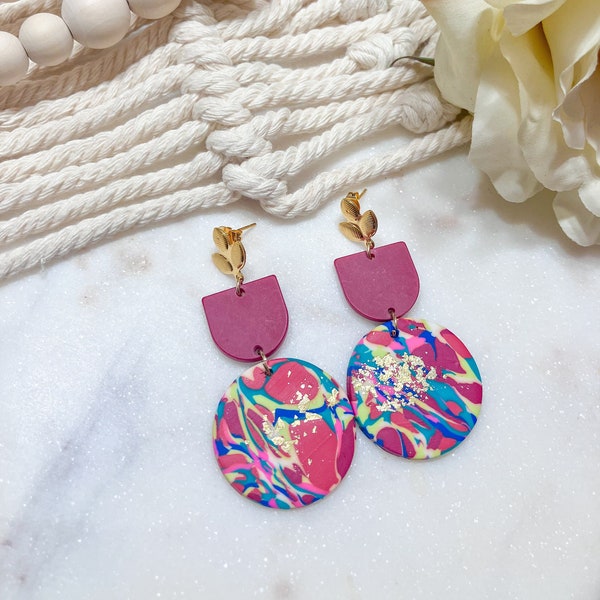Wine Red Soft Clay Multicolored Abstract Geometric Dangle Drop Earrings | Clay Earrings | Unique Statement Jewelry for Women