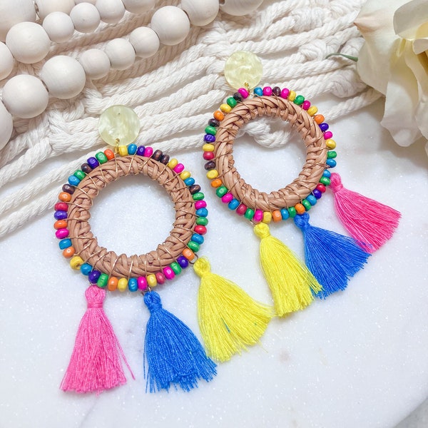 Colorful Bead Rattan Woven Dangle Drop Earrings with Tassel Accents | Beaded Earrings | Unique Statement Jewelry for Women