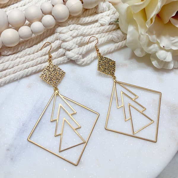 Gold Geometric Large Statement Earrings | Brass Earrings | Unique Statement Jewelry for Women