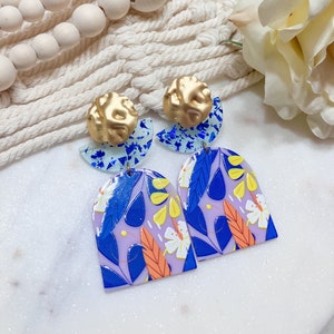 Colorful Floral Geometric Dangle Drop Earrings with Distressed Gold Brass Posts | Acrylic Earrings | Unique Statement Jewelry for Women