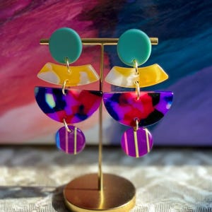 Funky Abstract Acrylic Dangle Drop Marble Earrings | Mid-Century Style Colorful Statement Bold Funky Drop Earrings for Women