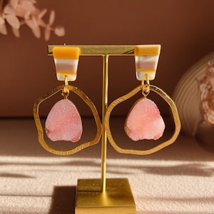 Resin Pink Stone Dangle Drop Mauve Dangle & Drop Earrings with Gold Brass Accents | Acrylic Earrings | Unique Statement Jewelry for Women