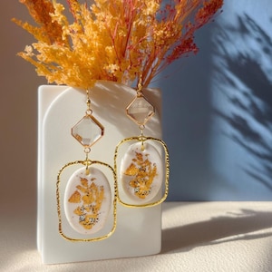 White Oval Geometric Long Dangle Statement Earrings with Gold Detail and Clear Gemstone | Clay Earrings | Unique Bold Jewelry for Women