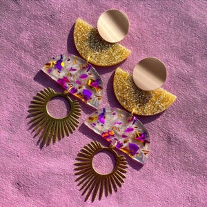 Purple and Gold Confetti Geometric Dangle Drop Earrings with Brass Accent | Acrylic Earrings | Unique Statement Jewelry for Women